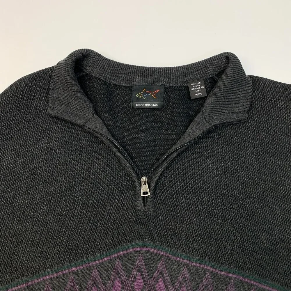 Greg Norman Knit Sweater Mens M Medium Charcoal Diamond Print Cotton Modal Blend